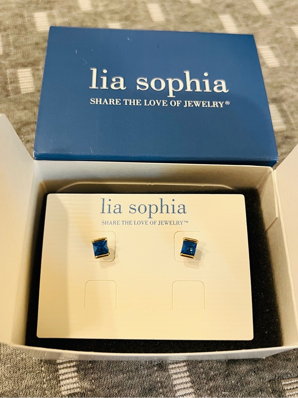 Lia Sophia Square Blue Stone Stud Earrings in Gold